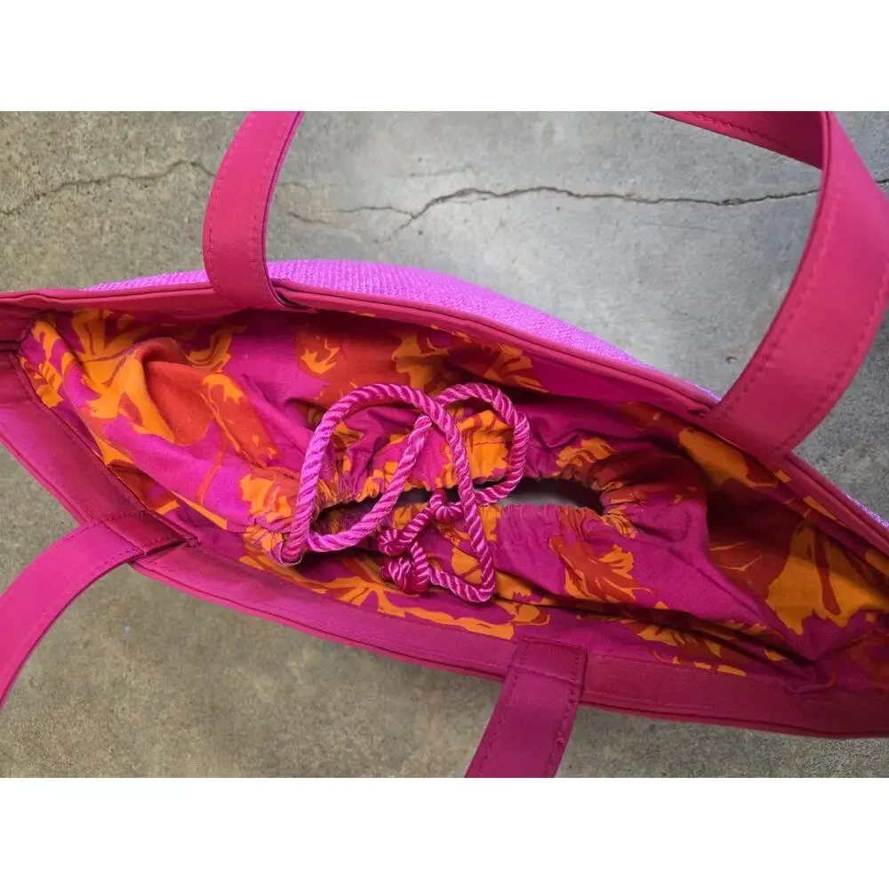 Escada Barbiecore Pink Woven Straw Leather Trim‎ Summer Beach Tote Bag OS
